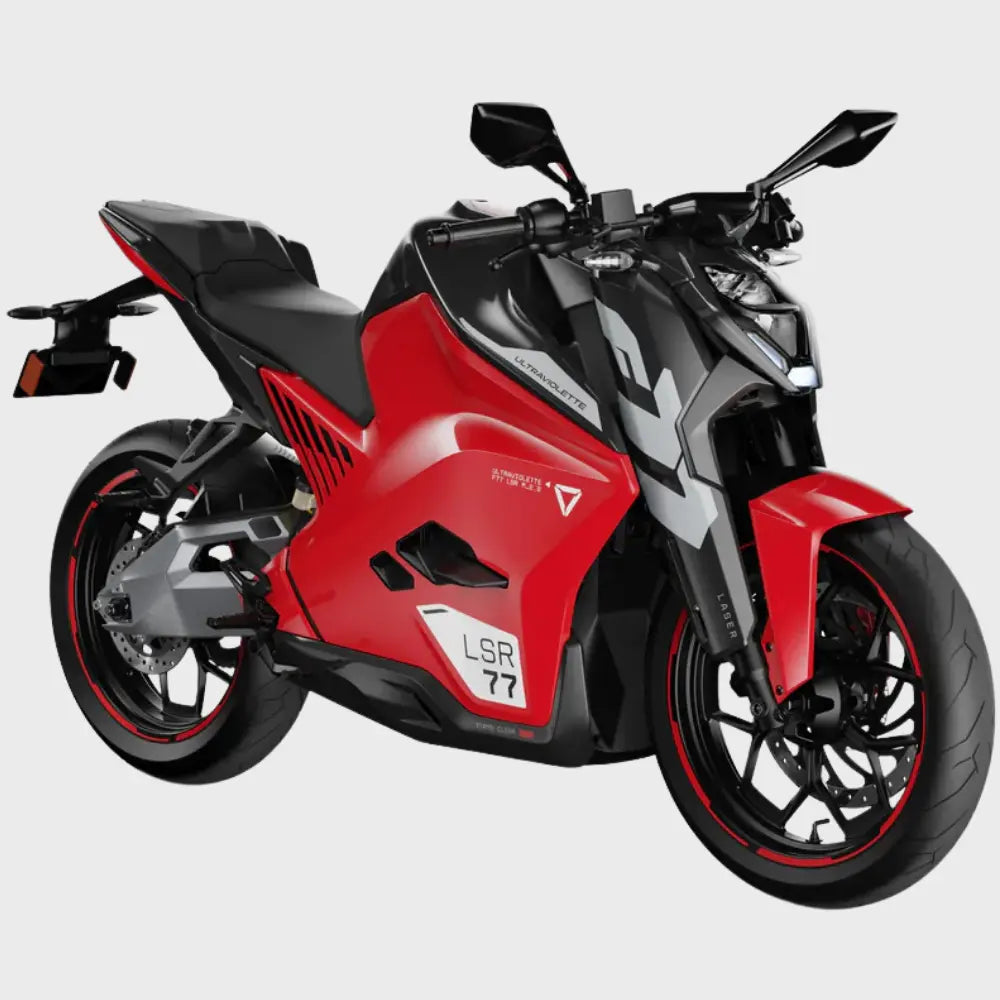 Rot-schwarzes Sport-E-Motorrad Ultraviolette in Schrägansicht von vorn