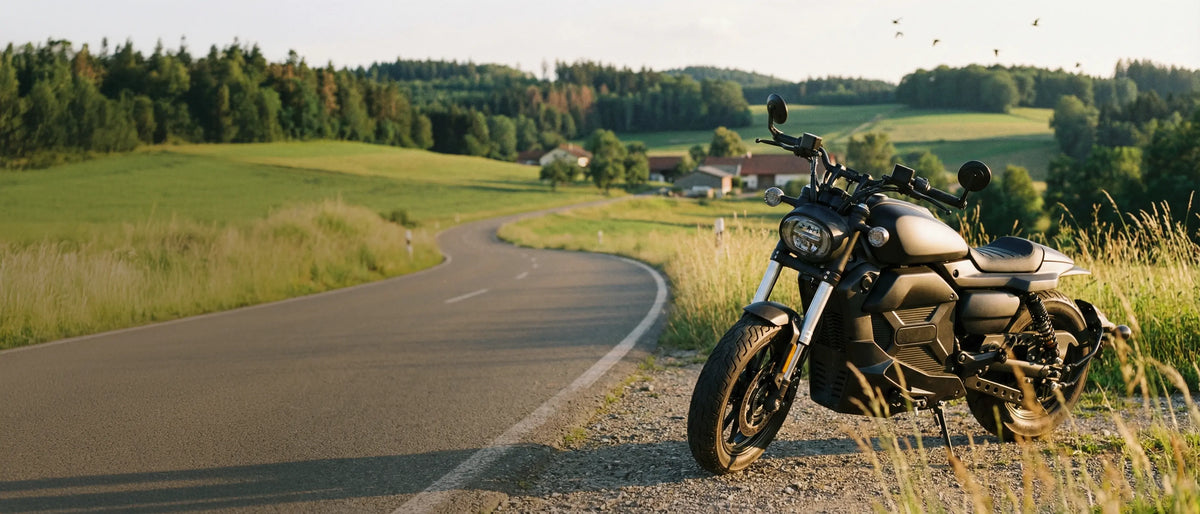 Schwarzes Elektro-Naked-Bike an kurviger Landstraße mit grünen Feldern