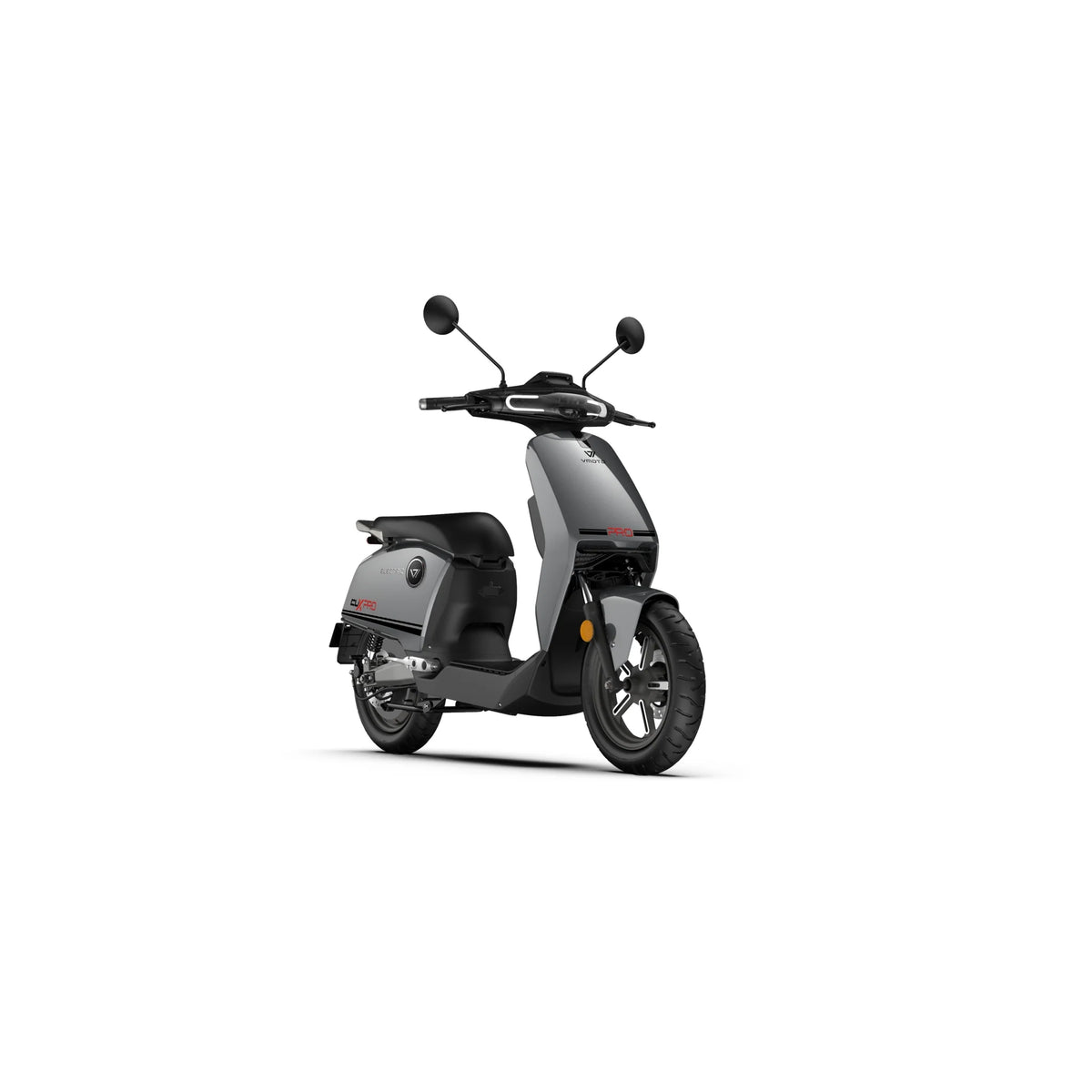 Ein eleganter, mattgrauer SUPER SOCO CUX Pro Elektroroller von VMOTO mit schwarzen Akzenten, Spiegeln und einem Ständer ist auf weißem Hintergrund abgebildet und leicht nach rechts geneigt – ideal für moderne urbane Mobilität. Dieser leichte E-Roller verfügt über leistungsstarke Bosch-Technologie und erreicht Geschwindigkeiten von bis zu 45 km/h.