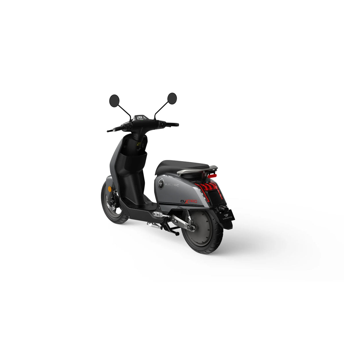 Ein VMOTO SUPER SOCO CUX Pro E-Roller in modernem Schwarz und Grau wird aus einem schrägen Blickwinkel von hinten links gezeigt. Er verfügt über zwei Seitenspiegel, schnittige Linien und ein digitales Display auf weißem Hintergrund – und verkörpert damit perfekt innovative urbane Mobilität mit Bosch-Power und einer Höchstgeschwindigkeit von bis zu 45 km/h.