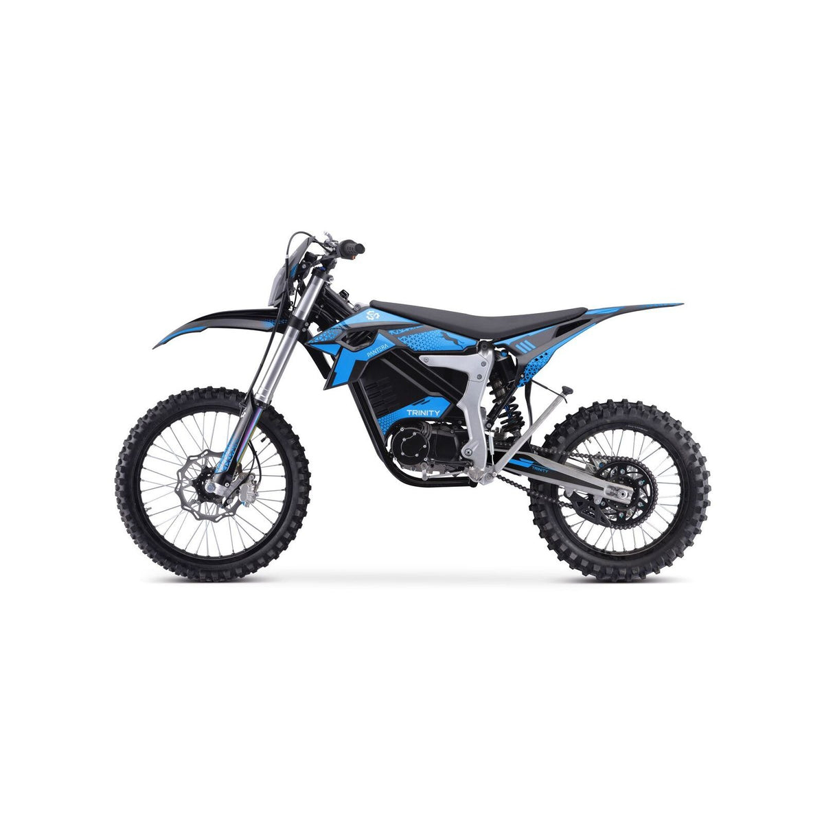 Schwarz-blaue TRINITY Panthera II: E-Enduro 125 km/h mit 4-Gang-Getriebe und Stollenreifen.