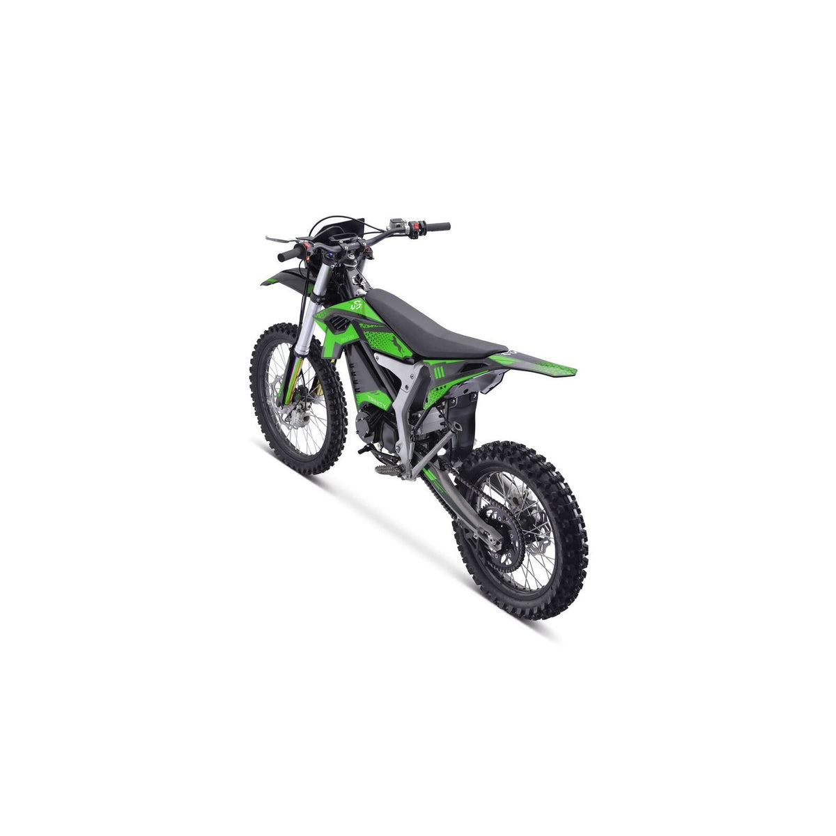 Dreiviertelansicht von hinten eines grün-schwarzen TRINITY Panthera II: E-Enduro 125 km/h mit 4-Gang-Getriebe.