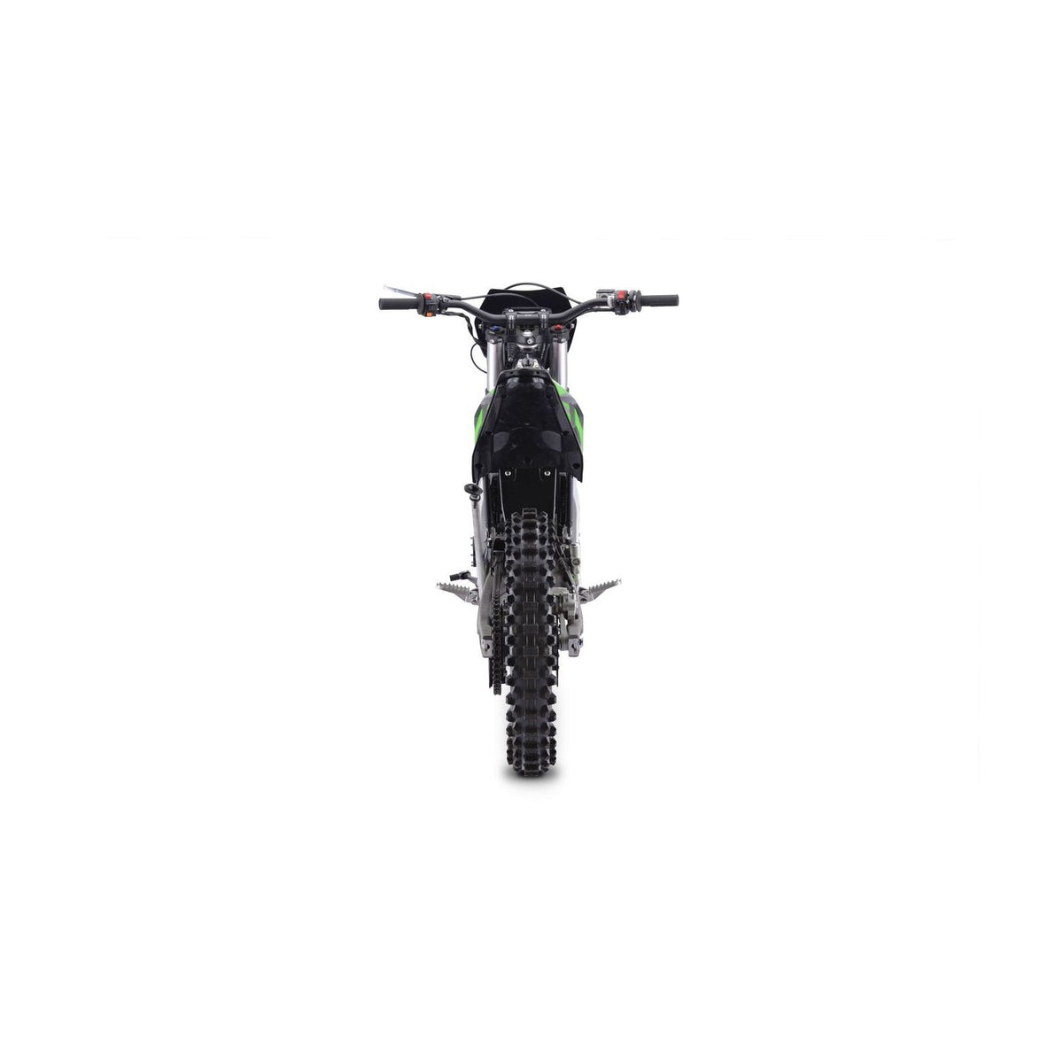 Heckansicht eines schwarz-grünen Trinity Panthera II: E-Enduro 125 km/h mit 4-Gang-Getriebe und Stollenreifen für den Geländeeinsatz.