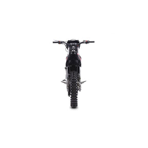 Heckansicht eines schwarzen Trinity Panthera II: E-Enduro 125 km/h – ein Elektro-Motorrad mit 4 Gängen, Stollenreifen und einem 4-Gang-Schaltgetriebe.