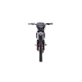 Vorderansicht eines TRINITY Panthera II: E-Enduro 125 km/h mit 4-Gang-Getriebe und schwarz-rotem Rahmen.