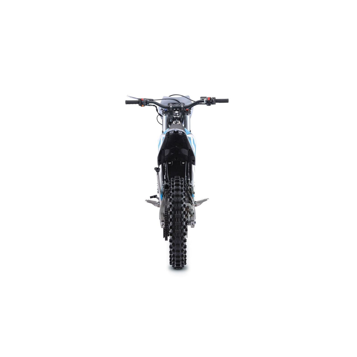 Heckansicht einer Trinity Panthera II: E-Enduro 125 km/h mit 4-Gang-Getriebe und Stollenreifen.