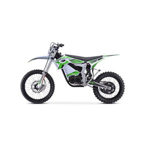 Weiß-grünes TRINITY Panthera II: E-Enduro 125 km/h – 4-Gang-Elektro-Enduro-Motorrad mit Stollenreifen.
