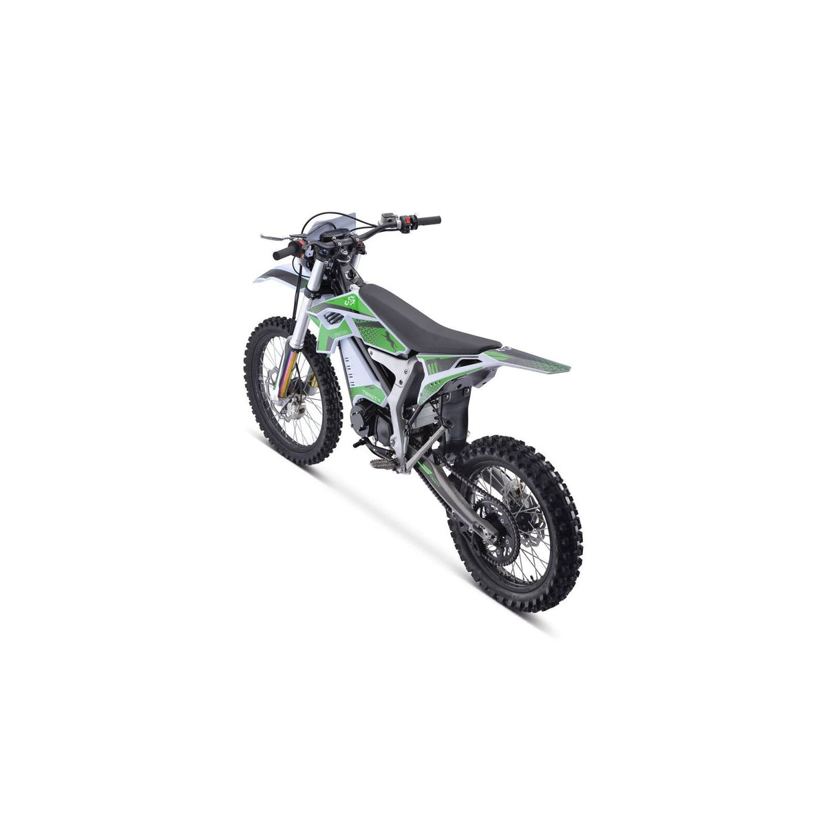 Heckansicht eines weiß-grünen TRINITY Panthera II: E-Enduro 125 km/h mit 4-Gang-Getriebe.