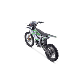 Heckansicht eines weiß-grünen TRINITY Panthera II: E-Enduro 125 km/h mit 4-Gang-Getriebe.