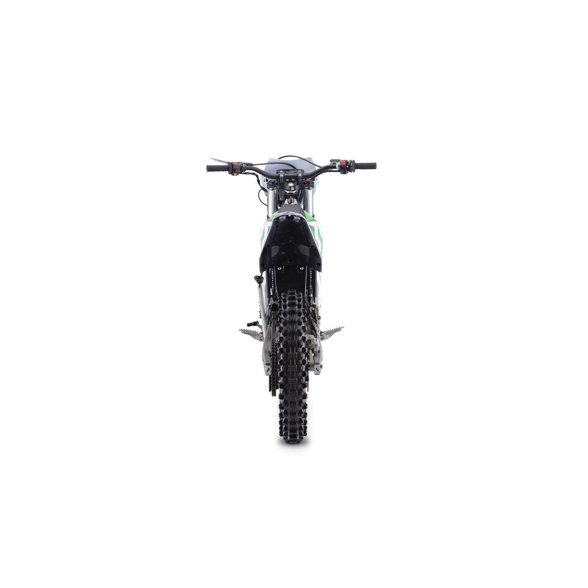 Heckansicht einer Trinity Panthera II: E-Enduro 125 km/h mit 4-Gang-Getriebe und Stollenreifen.