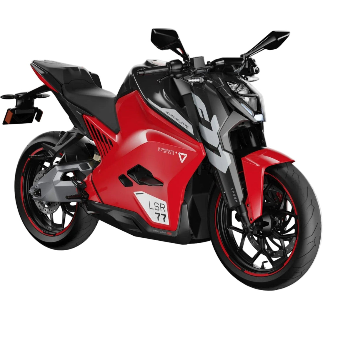 Ein stilvolles rot-schwarzes Ultraviolette F77 Mach 2 Recon - Performance Elektromotorrad mit kantigem Design, scharfen Scheinwerfern, aerodynamischen Linien und einem sichtbaren LSR 77 Nummernschild wird vor einem schlichten weißen Hintergrund präsentiert.