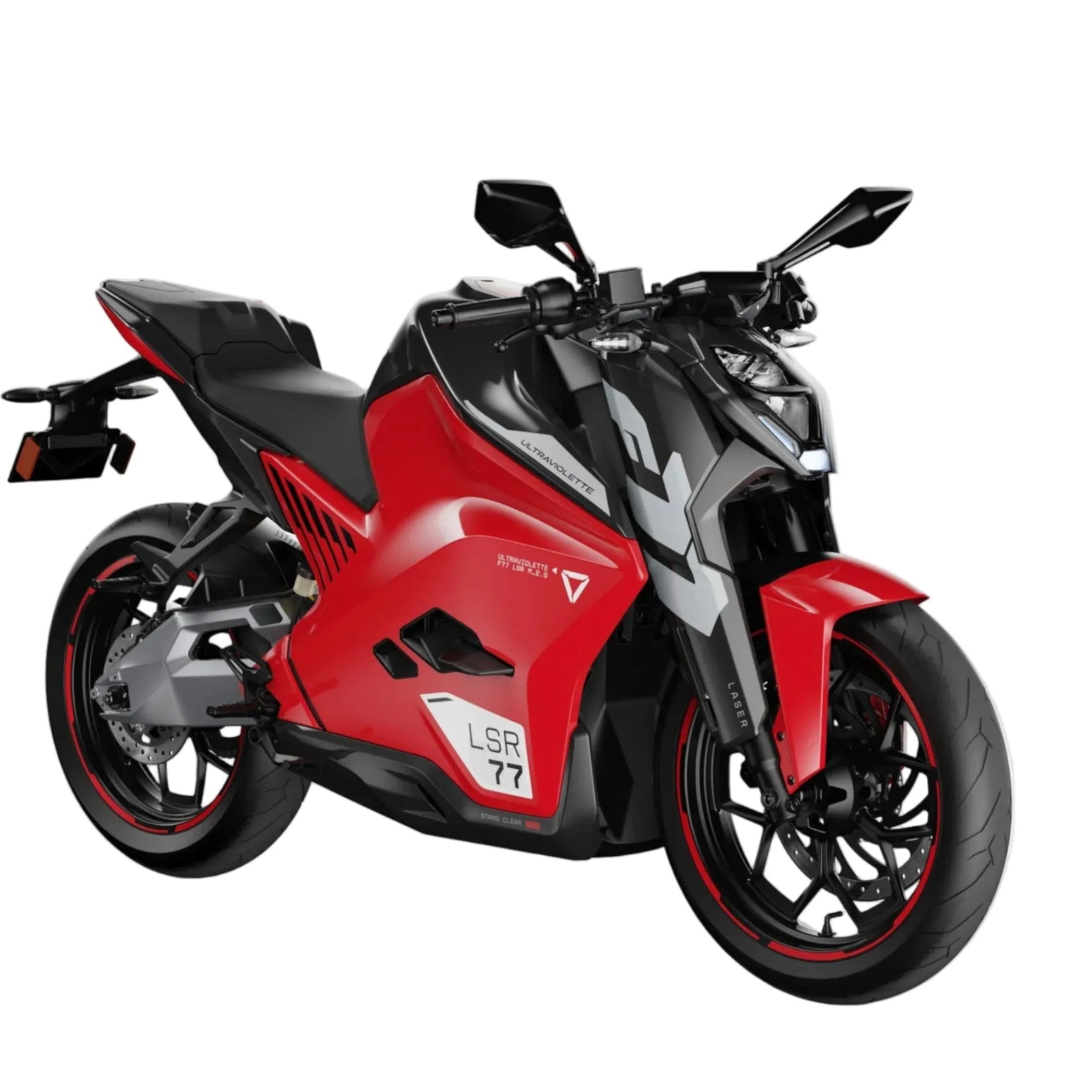 Ein rot-schwarzes „Ultraviolette F77 Mach 2 Recon“ – ein Performance-Elektromotorrad von Ultraviolette mit modernem, kantigem Design, schwarzen Rädern und weißen Rennaufklebern auf der Frontverkleidung – wird vor einem weißen Hintergrund fotografiert. Inspiriert von bahnbrechender Innovation und Geschwindigkeit verkörpert dieses Performance-Elektromotorrad auf eindrucksvolle Weise den Geist der Marke Ultraviolette.