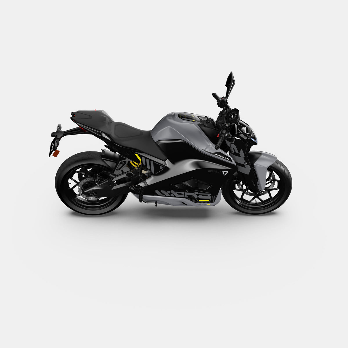 Die Ultraviolette F77 Mach 2 Recon - Performance Elektromotorrad zeichnet sich durch ein elegantes schwarz-graues Design aus, das fortschrittliche elektrische Leistung mit modernem Stil verbindet.