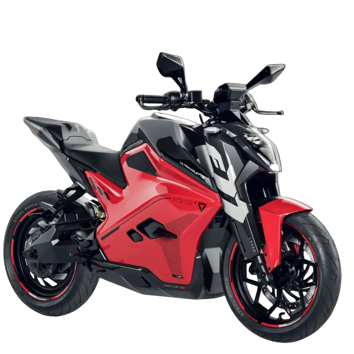 Ein elegantes, schwarz-rotes Ultraviolette F77 Superstreet Recon – ein sportliches Elektromotorrad von Ultraviolette mit kantigem Design, sportlichem Rahmen und stromlinienförmigen Verkleidungen – steht vor einem weißen Hintergrund.