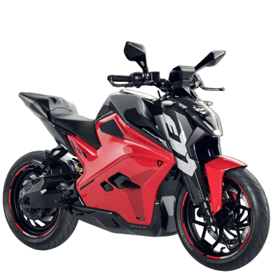 Ein elegantes, schwarz-rotes Ultraviolette F77 Superstreet Recon – ein sportliches Elektromotorrad von Ultraviolette mit kantigem Design, sportlichem Rahmen und stromlinienförmigen Verkleidungen – steht vor einem weißen Hintergrund.
