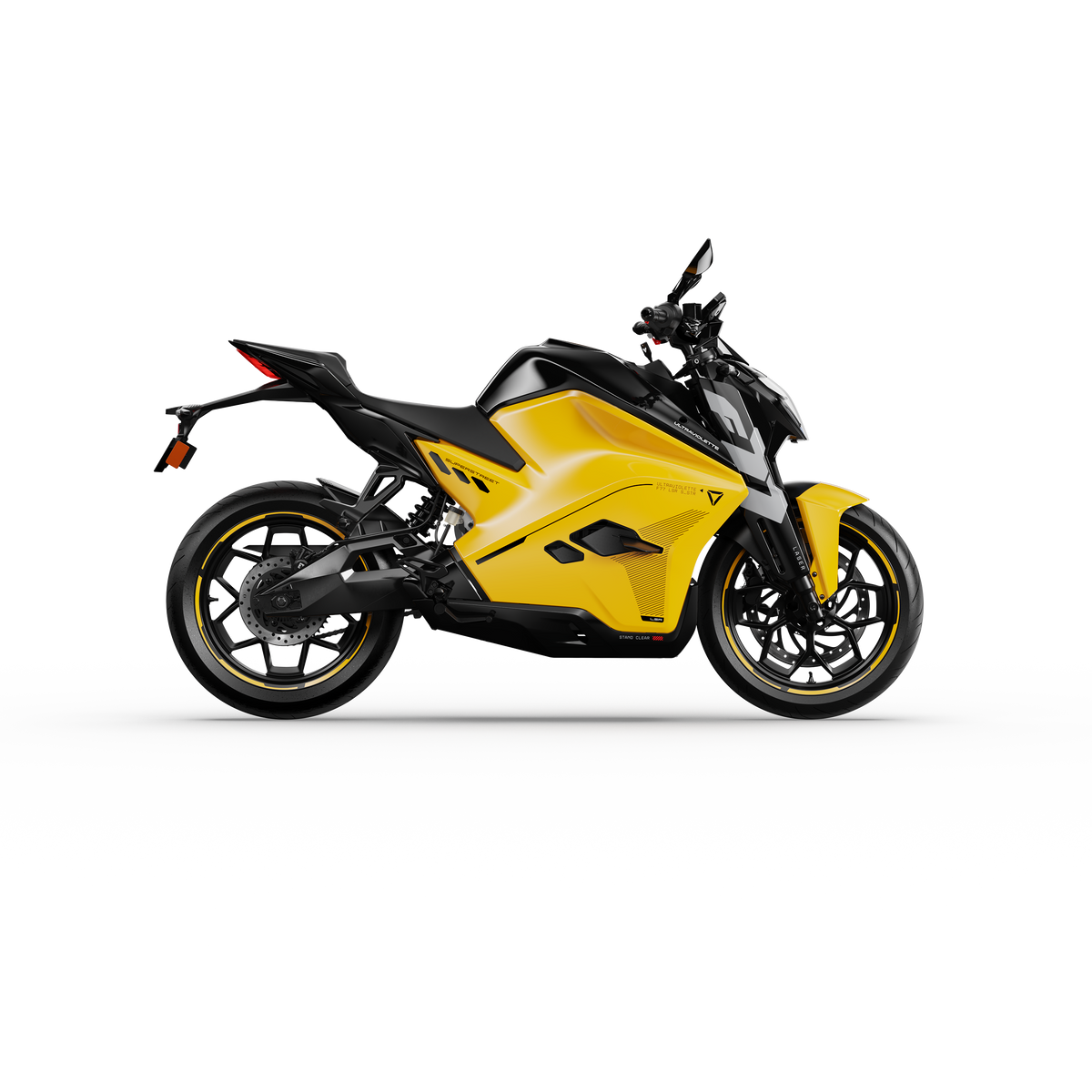 Das Ultraviolette F77 Superstreet Recon - Sportliches Elektromotorrad von Ultraviolette ist im Profil auf weißem Hintergrund abgebildet und zeigt ein elegantes gelb-schwarzes Design mit einem stromlinienförmigen, modernen Körper.