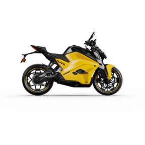 Das Ultraviolette F77 Superstreet Recon - Sportliches Elektromotorrad von Ultraviolette ist im Profil auf weißem Hintergrund abgebildet und zeigt ein elegantes gelb-schwarzes Design mit einem stromlinienförmigen, modernen Körper.