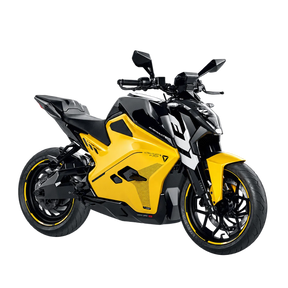 Sportliches, kantiges, schwarz-gelbes Elektromotorrad Ultraviolette F77 Superstreet Recon.