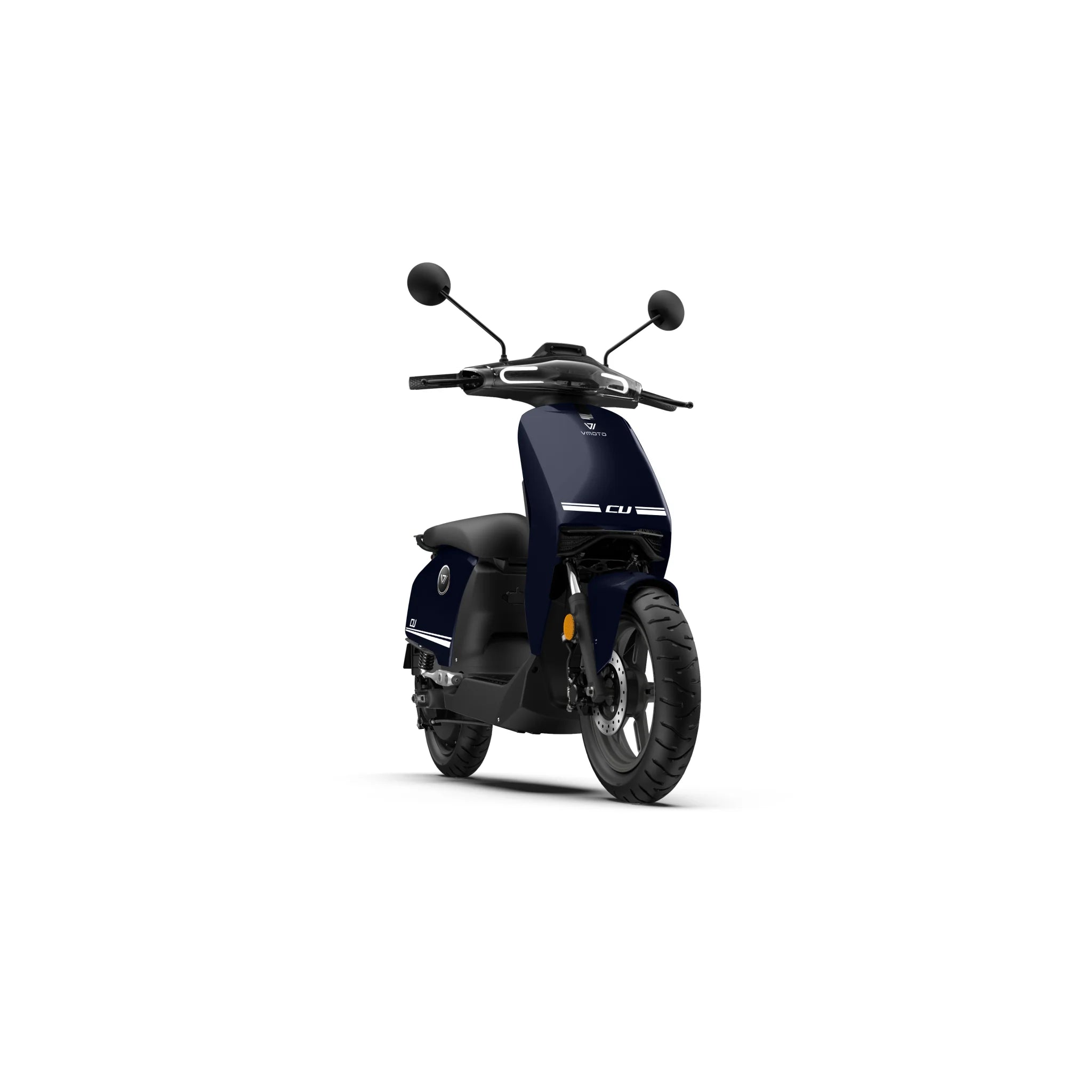 Der VMOTO CU 72V E-Roller (45 km/h) von VMOTO zeigt sich in dunkelblau, schräg links auf weißem Hintergrund. Er hat ein modernes Design mit schwarzen Akzenten, zwei Rückspiegeln und einem herausnehmbaren Akku zum einfachen Aufladen - ideal für den Stadtverkehr.