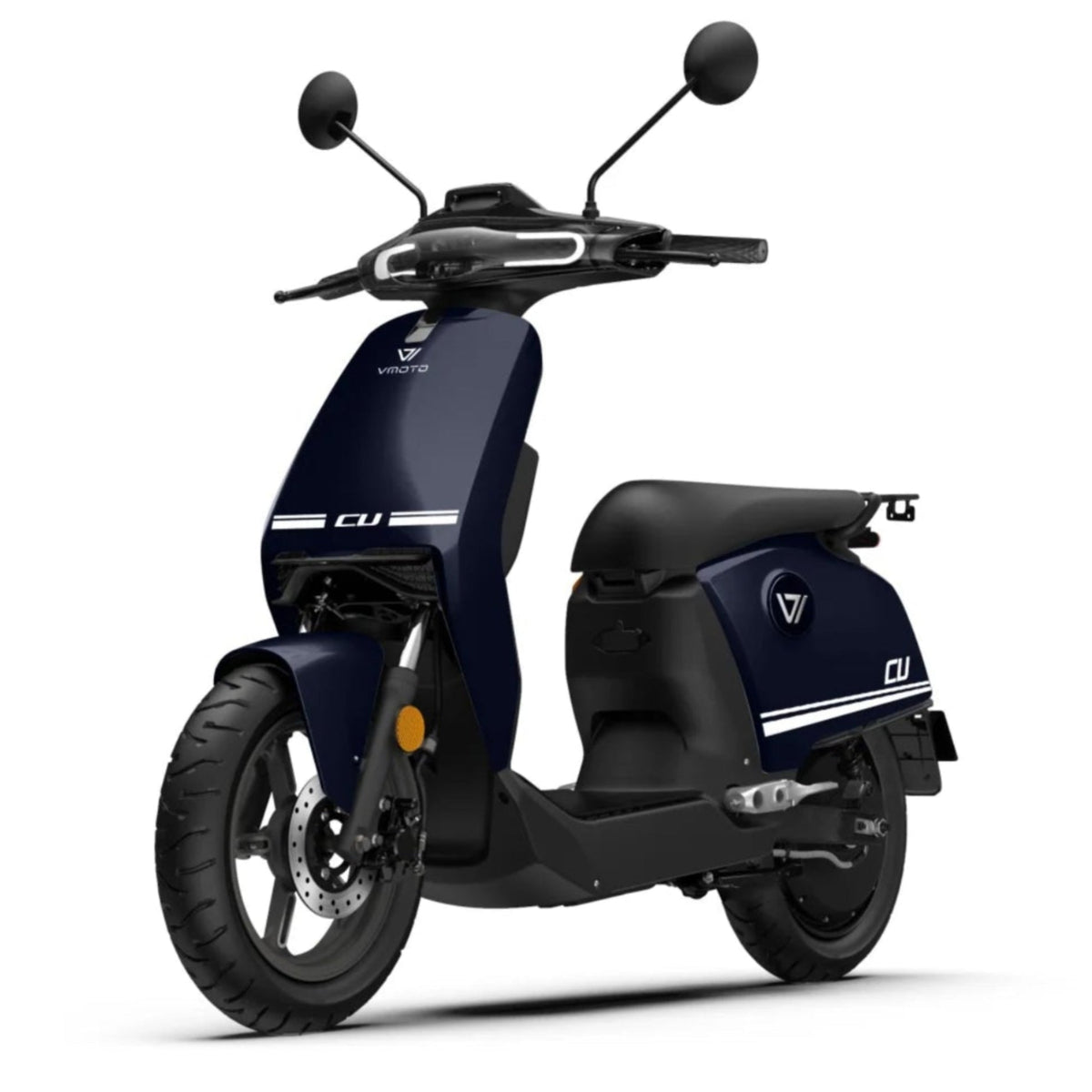 Der VMOTO CU 72V E-Roller (45 km/h) von VMOTO zeichnet sich durch ein minimalistisches dunkelblaues Design mit schwarzen Akzenten, zwei Spiegeln und einer herausnehmbaren Batterie aus - ideal für den effizienten Stadtverkehr. Abgebildet schräg links auf weißem Hintergrund.
