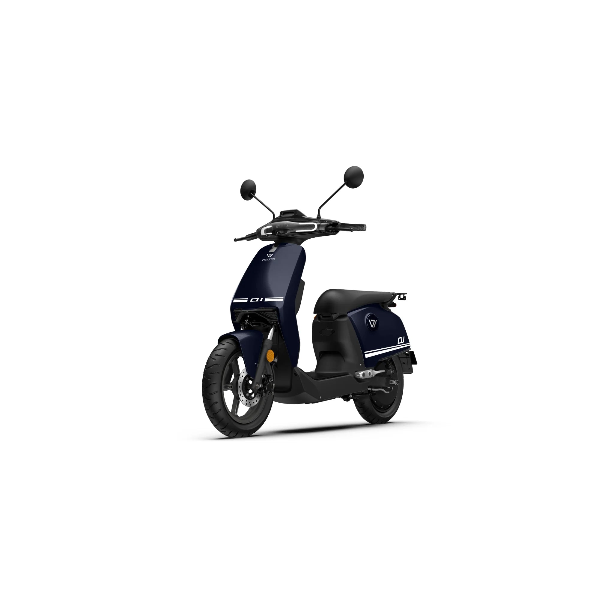 Der VMOTO CU 72V E-Roller (45 km/h) von VMOTO zeichnet sich durch ein minimalistisches dunkelblaues Design mit schwarzen Akzenten, zwei Spiegeln und einer herausnehmbaren Batterie aus - ideal für den effizienten Stadtverkehr. Abgebildet schräg links auf weißem Hintergrund.