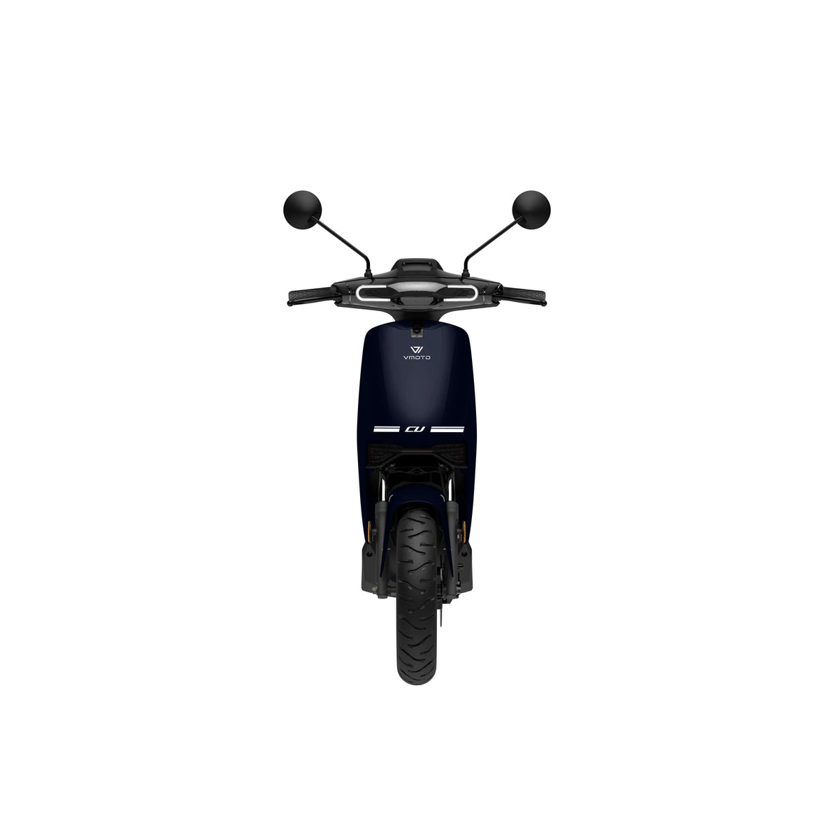 Frontansicht eines VMOTO CU 72V E-Rollers (45 km/h) in dunkelblau mit Spiegeln, Lenker, Scheinwerfer und abnehmbarem Akku - ideal für den Stadtverkehr - auf weißem Hintergrund.