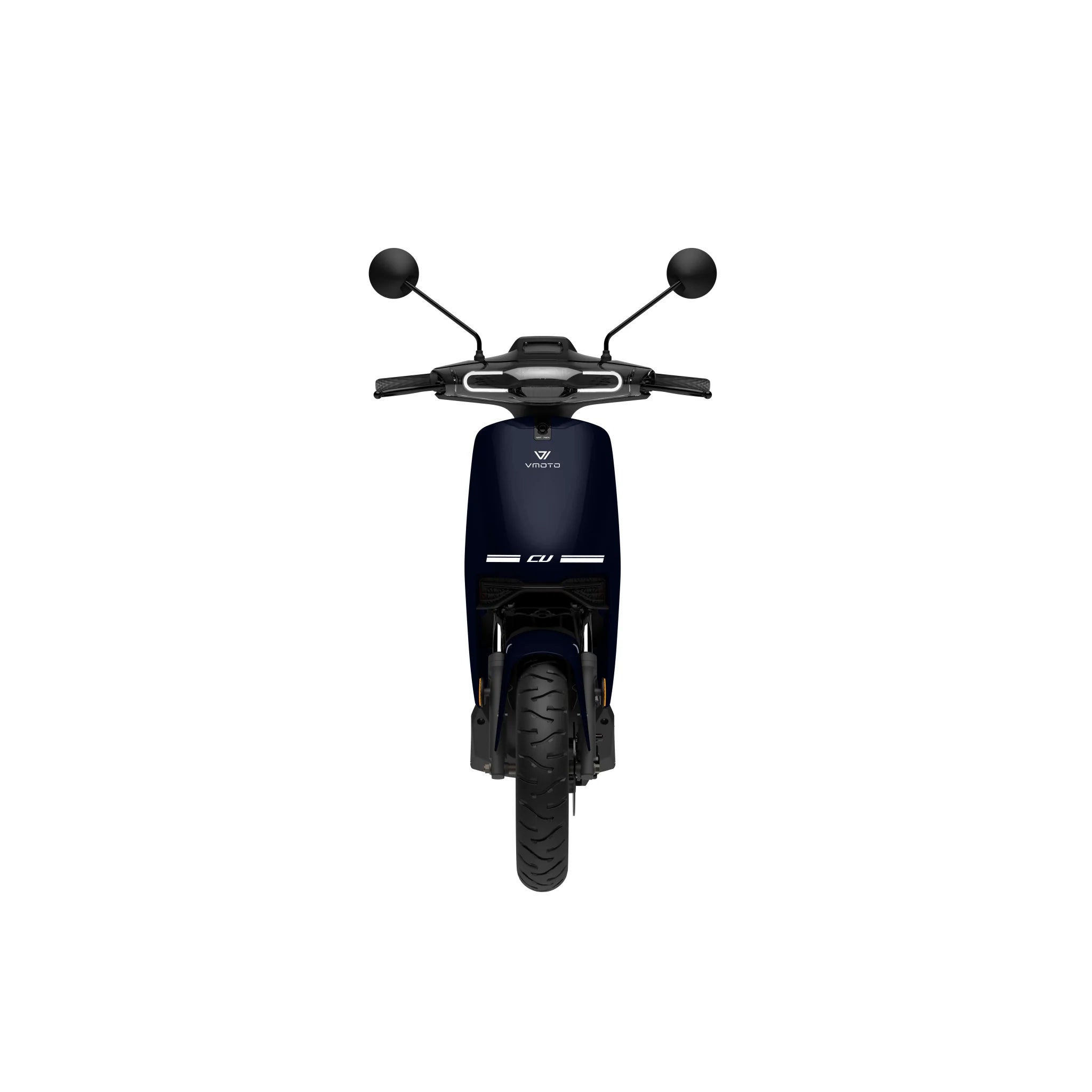 Frontansicht eines VMOTO CU 72V E-Rollers (45 km/h) in dunkelblau mit Spiegeln, Lenker, Scheinwerfer und abnehmbarem Akku - ideal für den Stadtverkehr - auf weißem Hintergrund.