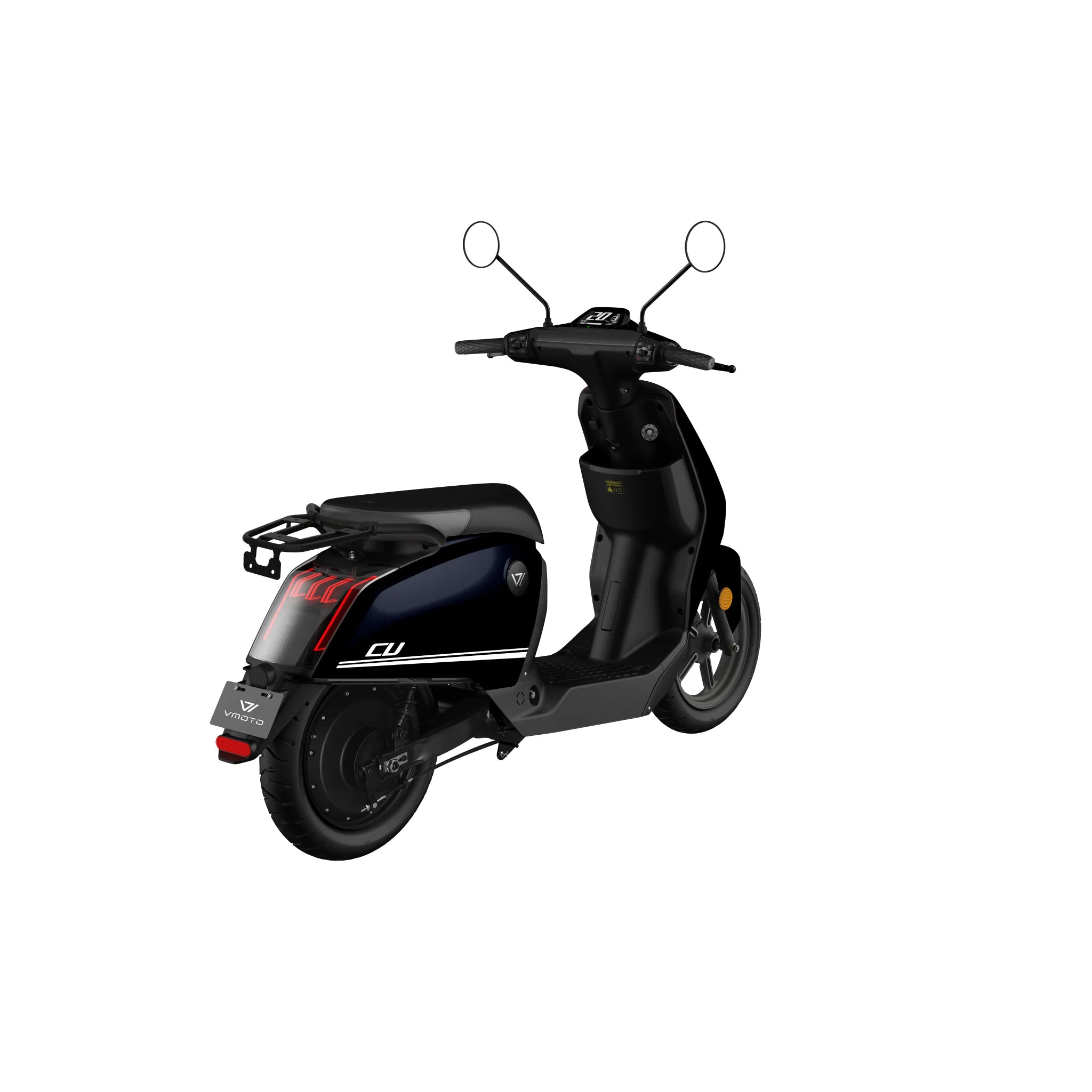 Der VMOTO CU 72V E-Roller (45 km/h, herausnehmbarer Akku) in Schwarz, mit Seitenspiegeln, Gepäckträger und Digitalanzeige, ist von hinten links vor einem schlichten weißen Hintergrund zu sehen.