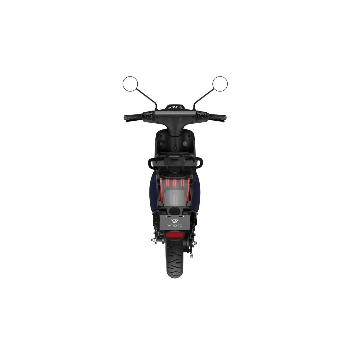 Rückansicht des VMOTO CU 72V E-Roller (45 km/h) in schwarz und dunkelblau, mit zwei Spiegeln, Digitalanzeige, roten Bremslichtern, sichtbaren Reifen und herausnehmbarem Akku - ideal für den Stadtverkehr - vor weißem Hintergrund.