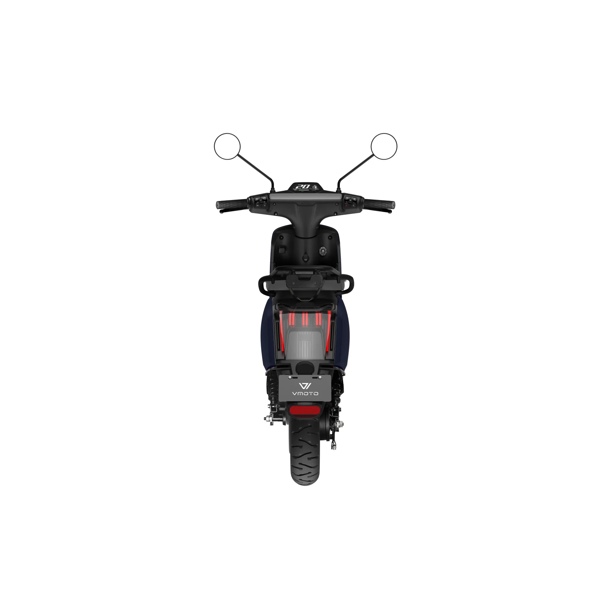 Rückansicht des VMOTO CU 72V E-Roller (45 km/h) in schwarz und dunkelblau, mit zwei Spiegeln, Digitalanzeige, roten Bremslichtern, sichtbaren Reifen und herausnehmbarem Akku - ideal für den Stadtverkehr - vor weißem Hintergrund.
