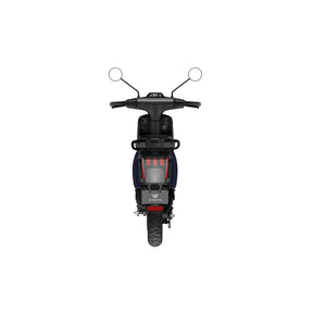 Rückansicht des VMOTO CU 72V E-Roller (45 km/h) in schwarz und dunkelblau, mit zwei Spiegeln, Digitalanzeige, roten Bremslichtern, sichtbaren Reifen und herausnehmbarem Akku - ideal für den Stadtverkehr - vor weißem Hintergrund.