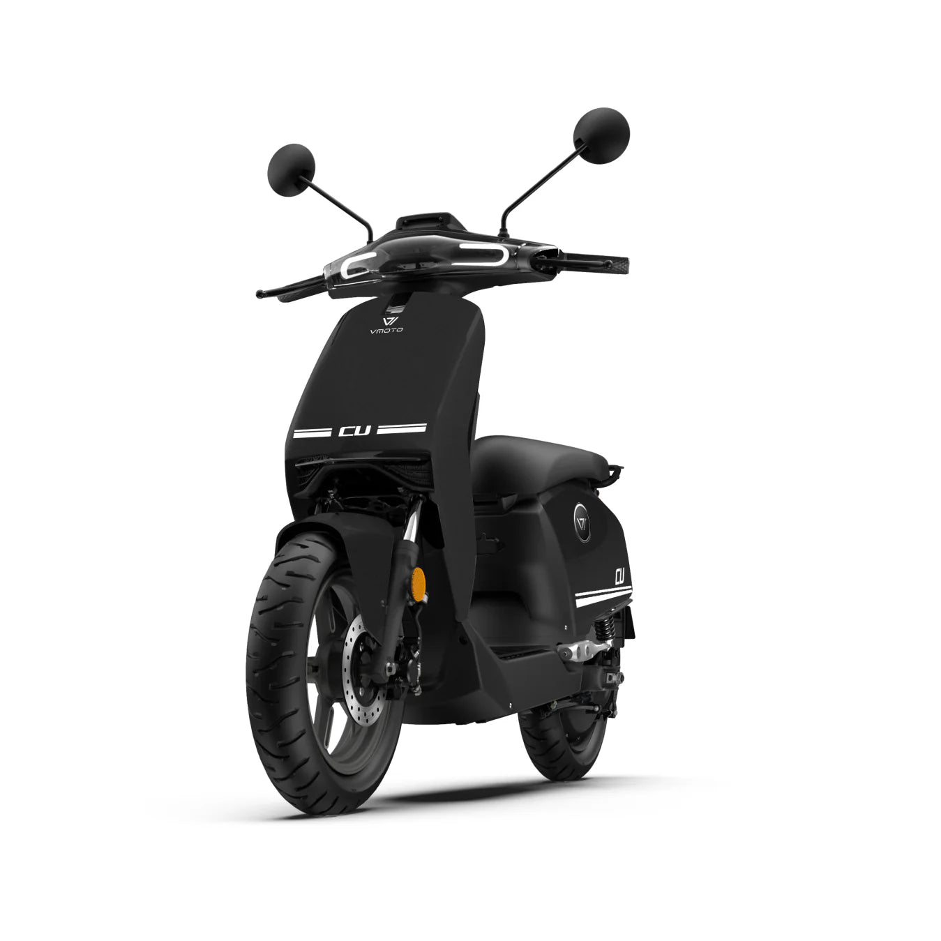 Der VMOTO CU 72V E-Roller von VMOTO, abgebildet von vorne auf weißem Hintergrund, besticht durch einen modernen schwarzen Look mit Seitenspiegeln, minimalistischem Design und einem herausnehmbaren Akku. Höchstgeschwindigkeit: 45 km/h.