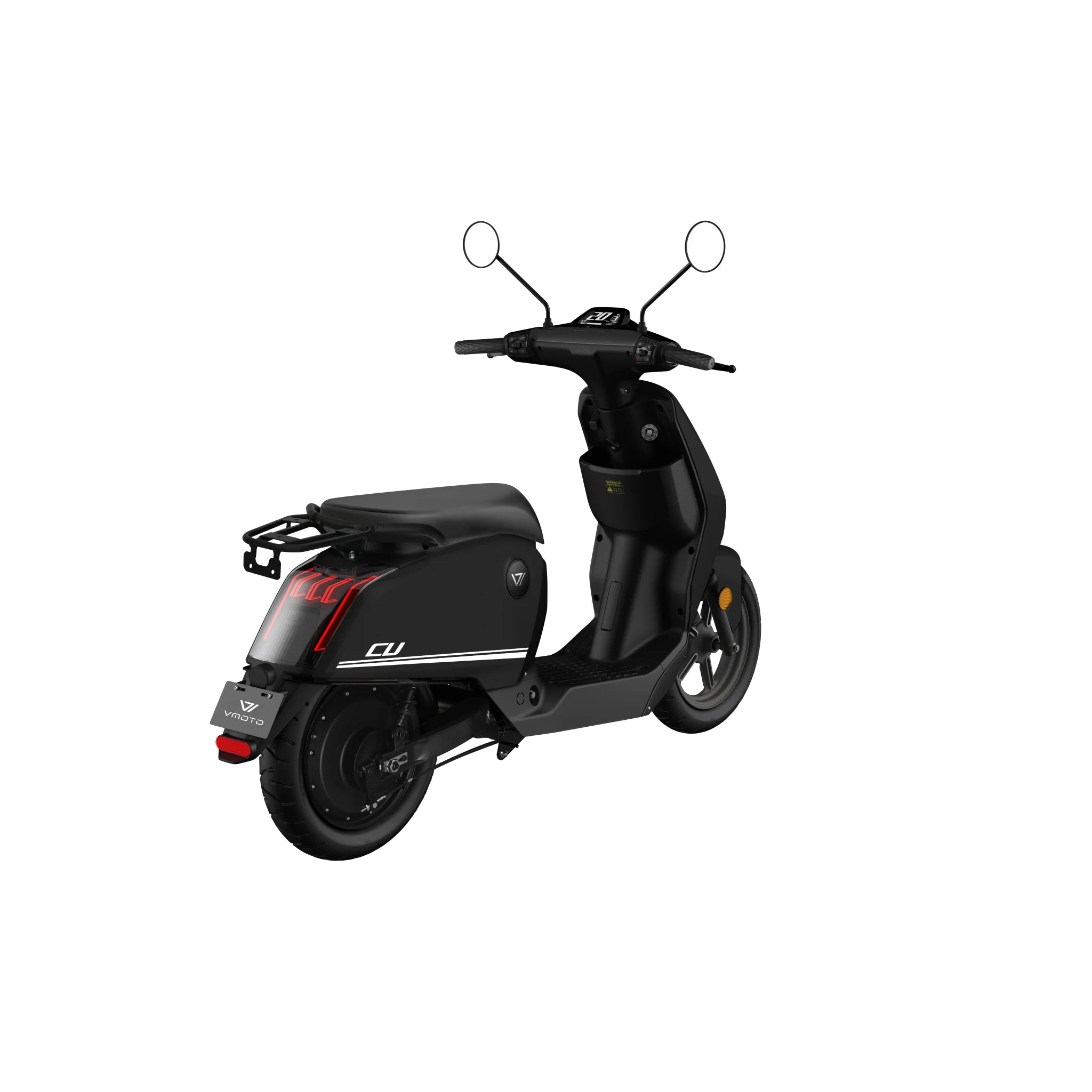 Der VMOTO CU 72V E-Roller (45 km/h) in schwarz verfügt über einen herausnehmbaren Akku, Gepäckträger, Digitalanzeige und zwei Seitenspiegel - hier von hinten links auf weißem Hintergrund - ideal für den Stadtverkehr.