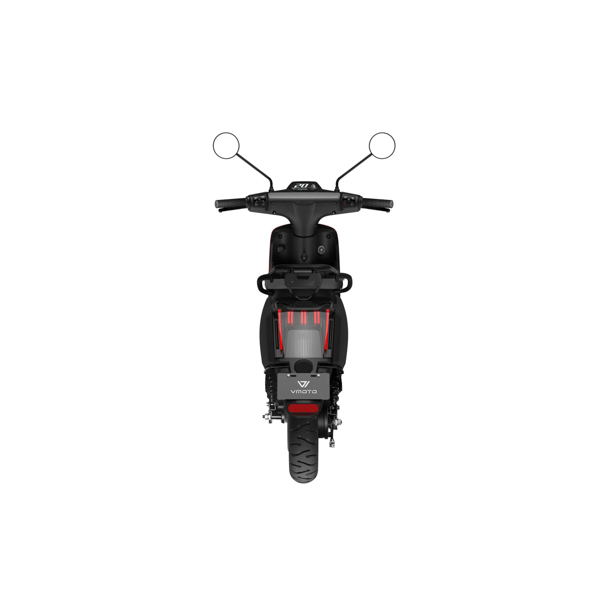 Rückansicht des schwarzen VMOTO CU 72V E-Rollers (45 km/h) mit zwei Seitenspiegeln, breitem Lenker, rotem Rücklicht, und herausnehmbarem Akku-ideal für den Stadtverkehr; Markenname VMOTO über dem Hinterrad, isoliert auf weißem Hintergrund.