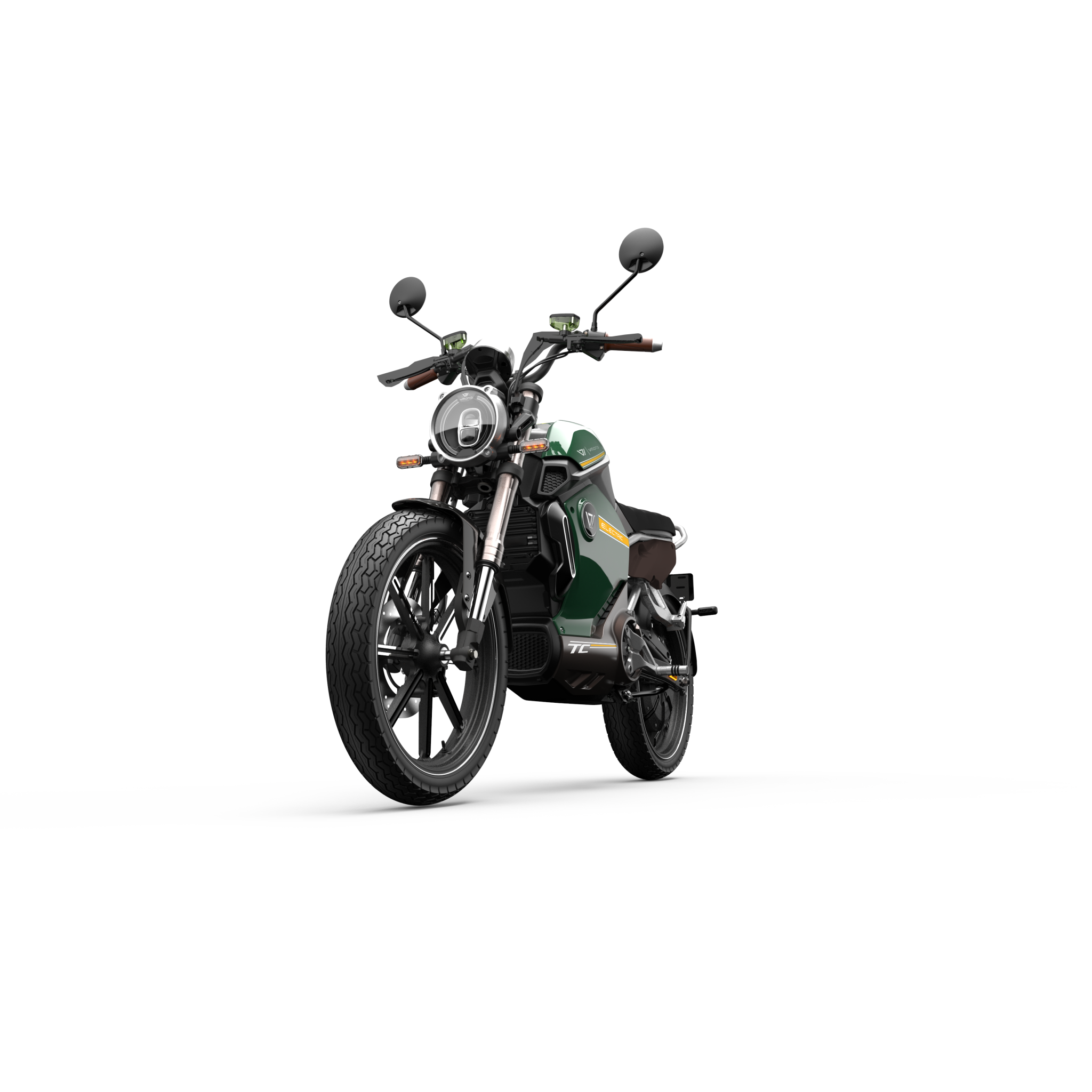 Der VMOTO TC 72V Elektroroller von VMOTO im grün-schwarzen Café Racer-Stil wird aus einem niedrigen Winkel von vorne auf weißem Grund gezeigt, wobei der runde Scheinwerfer, die Spiegel und das sportliche, vom Motorrad inspirierte Design hervorgehoben werden.