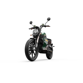 Der VMOTO TC 72V Elektroroller im Café-Racer-Design von VMOTO zeigt sich frontal in grün und schwarz mit runden Scheinwerfern, Rückspiegeln, herausnehmbarem Akku und einem schlanken, minimalistischen Look vor weißem Hintergrund.