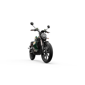 Der VMOTO TC 72V Elektroroller im Café-Racer-Design von VMOTO ist in Grün und Schwarz gehalten, präsentiert sich schräg auf weißem Hintergrund und zeigt seinen runden Scheinwerfer, das digitale Display, den herausnehmbaren Akku und das moderne Design.