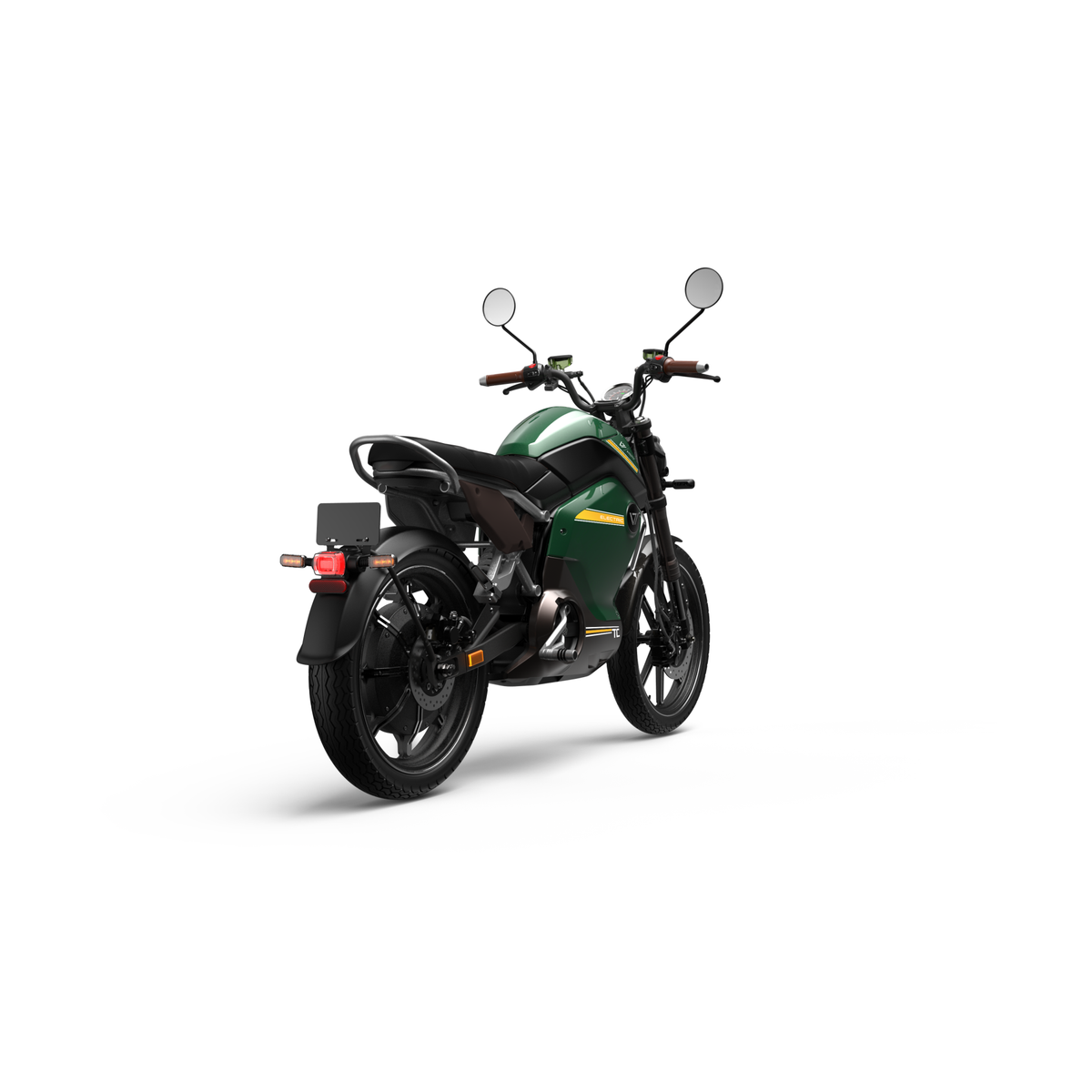 Der VMOTO TC 72V Elektroroller im Café-Racer-Design in Grün und Schwarz wird aus einem rückseitigen Winkel auf weißem Hintergrund gezeigt, mit Fokus auf moderne Optik, Spiegel, sichtbaren Hinterreifen und herausnehmbaren Akku.