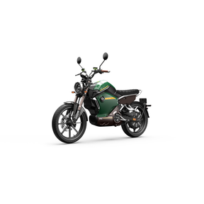 Der VMOTO TC 72V Elektroroller im Café-Racer-Design von VMOTO, abgebildet in grün und schwarz mit modernem Styling, rundem Scheinwerfer, schwarzem Sitz und herausnehmbarem Akku auf weißem Hintergrund, leicht nach links geneigt.