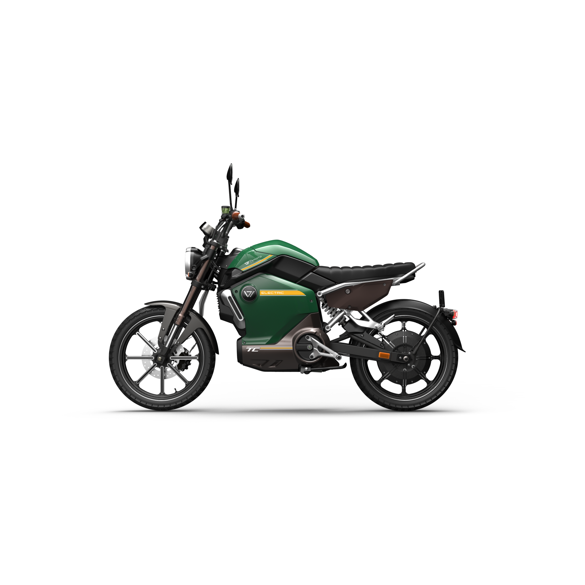 Der VMOTO TC 72V Elektro-Roller von VMOTO, abgebildet in grün und schwarz mit modernem Café Racer Design, schmalem Sitz, Rückspiegeln und schwarzen Rädern mit Scheibenbremsen - Profilansicht auf weißem Hintergrund. Höchstgeschwindigkeit: 45 km/h.