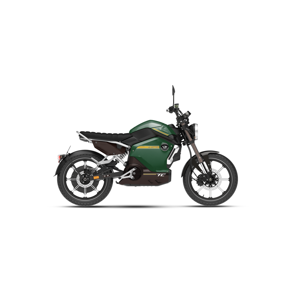 Der VMOTO TC 72V Elektroroller von VMOTO verfügt über ein grün-schwarzes Café-Racer-Design, Retro-Look, schwarzen Sitz, silberne Felgen, sichtbaren Seitenständer und herausnehmbarem Akku, abgebildet im Profil auf weißem Hintergrund.