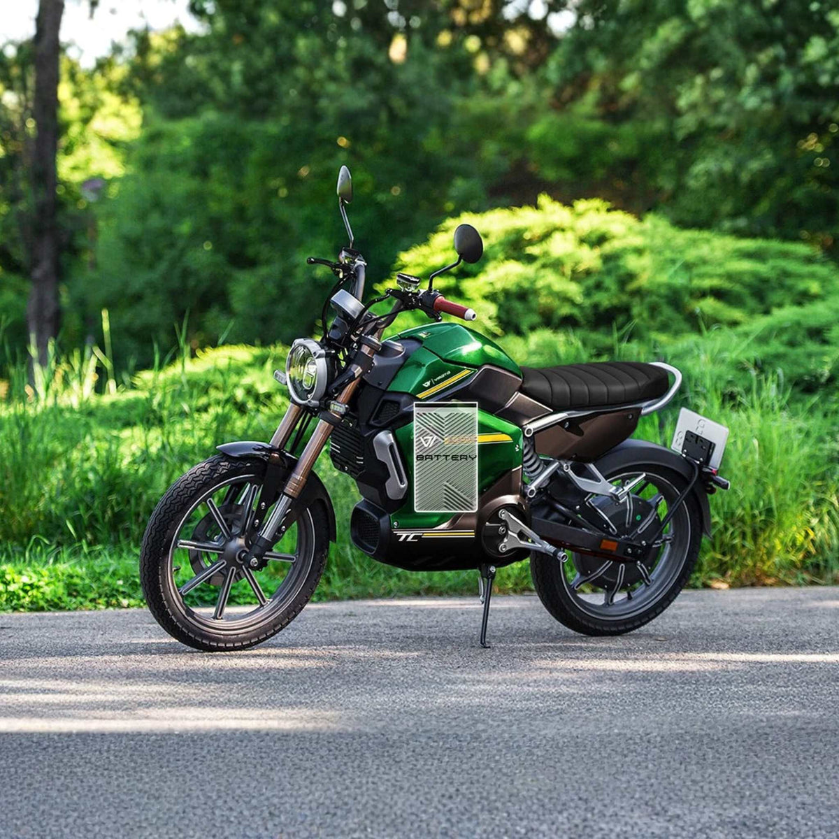 Ein grün-schwarzer VMOTO TC 72V Elektroroller im Café-Racer-Design mit herausnehmbarem Akku steht auf einer gepflasterten Straße, umgeben von grünem Gras und Bäumen an einem sonnigen Tag.
