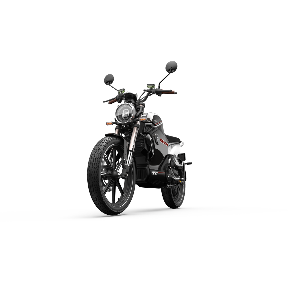 Der VMOTO TC 72V Elektroroller im Café-Racer-Design von VMOTO mit schwarzer und silberner Verkleidung, rundem Scheinwerfer, zwei Rückspiegeln und sichtbarem herausnehmbarem Akku auf weißem Hintergrund. Höchstgeschwindigkeit: 45 km/h.