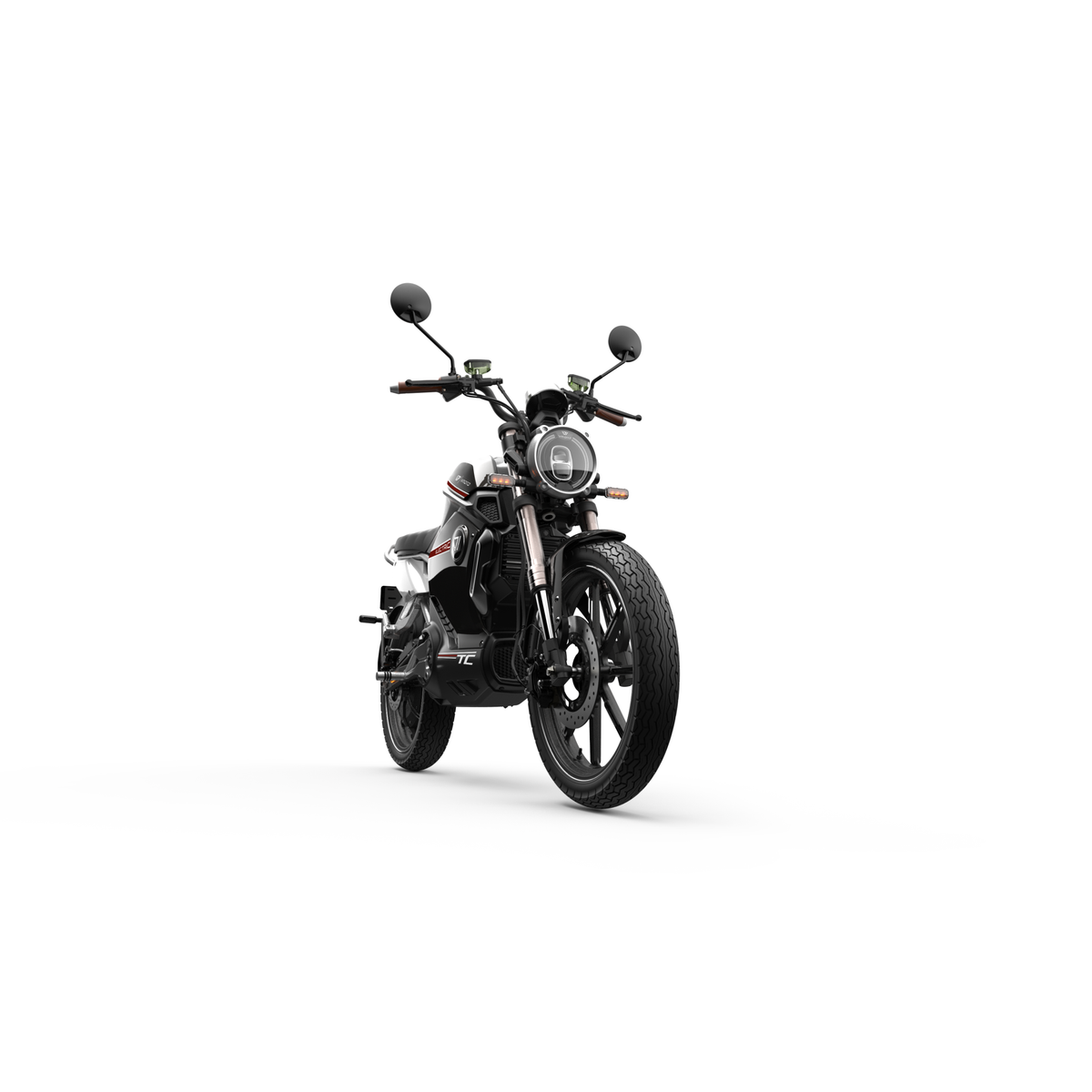 Ein schwarz-silberner VMOTO TC 72V Elektroroller im Café-Racer-Design mit 45 km/h wird von vorne auf weißem Hintergrund gezeigt, mit runden Scheinwerfern, Spiegeln und einem herausnehmbaren Akku zum einfachen Laden.