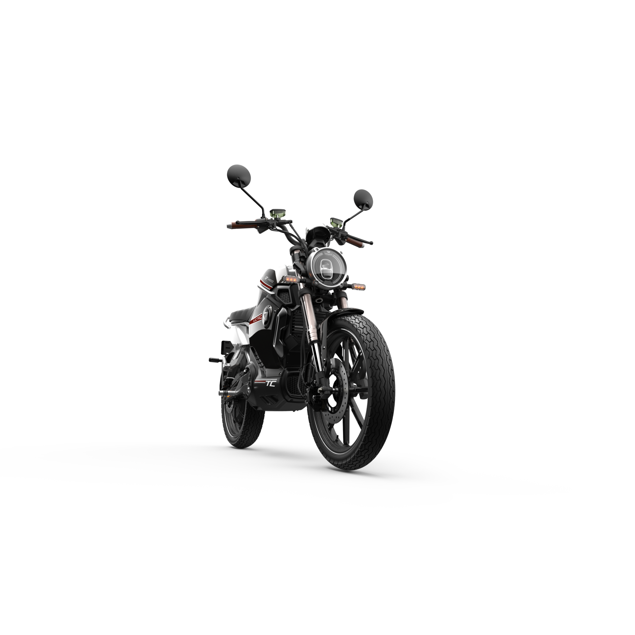 Der VMOTO TC 72V Elektroroller von VMOTO ist von vorne auf weißem Hintergrund abgebildet und zeigt seinen modernen Café-Racer-Stil, den runden Scheinwerfer und die schnittige schwarz-rote Karosserie.