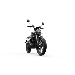Ein schwarz-silberner VMOTO TC 72V Elektroroller im Café-Racer-Design mit 45 km/h wird von vorne auf weißem Hintergrund gezeigt, mit runden Scheinwerfern, Spiegeln und einem herausnehmbaren Akku zum einfachen Laden.
