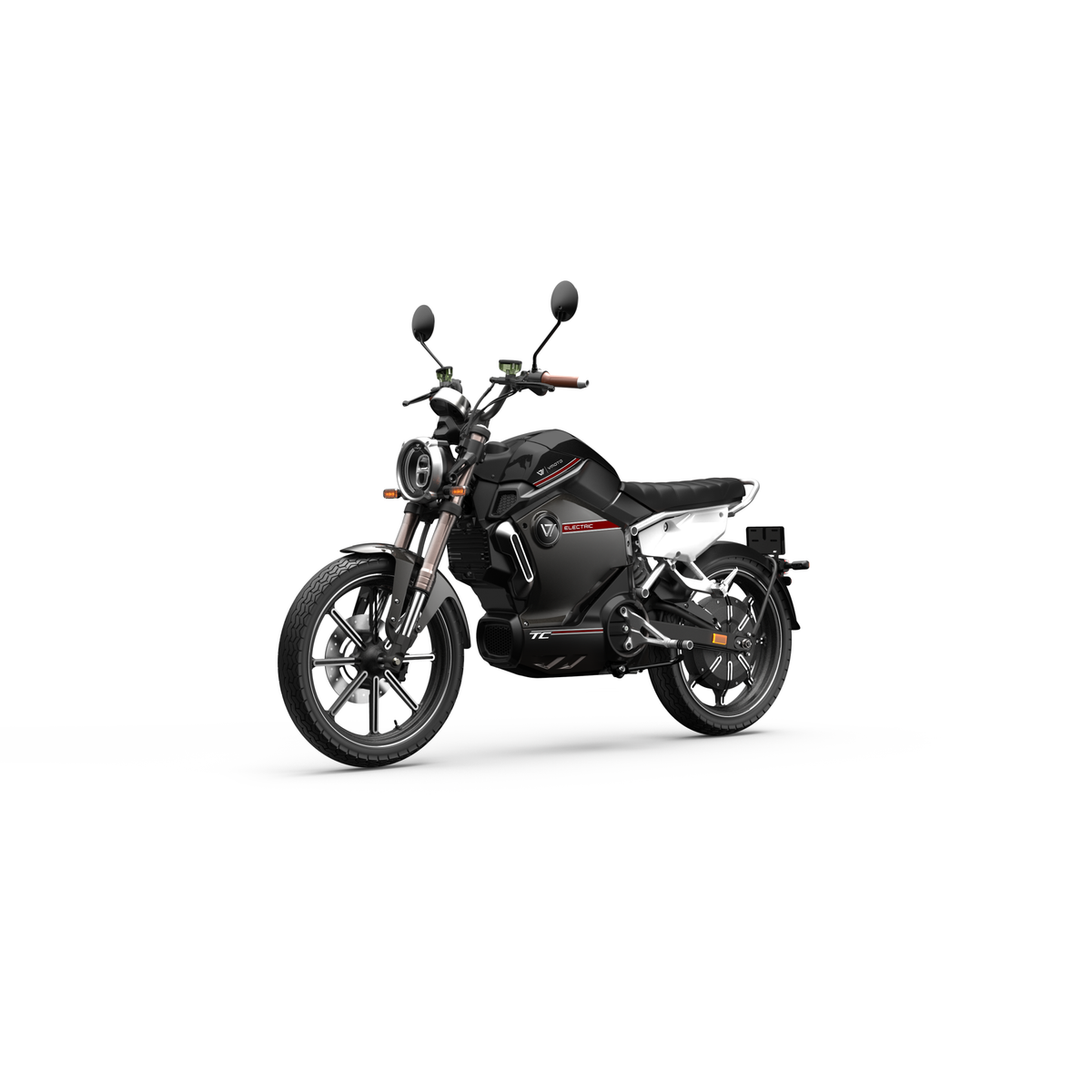 Der VMOTO TC 72V Elektroroller im Café-Racer-Design von VMOTO in schwarz-weiß verfügt über einen runden Scheinwerfer, ein digitales Display, einen schlanken Rahmen und einen herausnehmbaren Akku, abgebildet auf einem weißen Hintergrund.