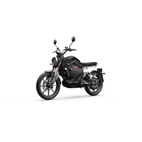 Der VMOTO TC 72V Elektroroller im Café-Racer-Design von VMOTO in schwarz-weiß verfügt über einen runden Scheinwerfer, ein digitales Display, einen schlanken Rahmen und einen herausnehmbaren Akku, abgebildet auf einem weißen Hintergrund.