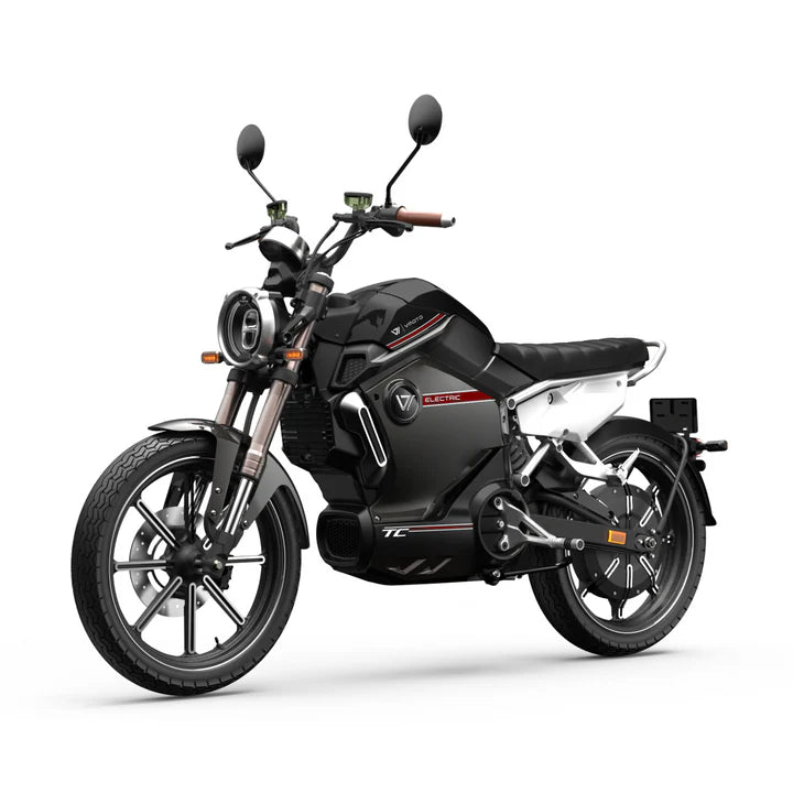 Die VMOTO TC 72V von VMOTO ist ein stylischer schwarz-weißer Elektro-Café-Racer mit rundem Scheinwerfer und Seitenspiegeln, dargestellt in der Frontansicht auf weißem Hintergrund. Er erreicht Geschwindigkeiten bis zu 45 km/h im klassischen Motorrad-Design.