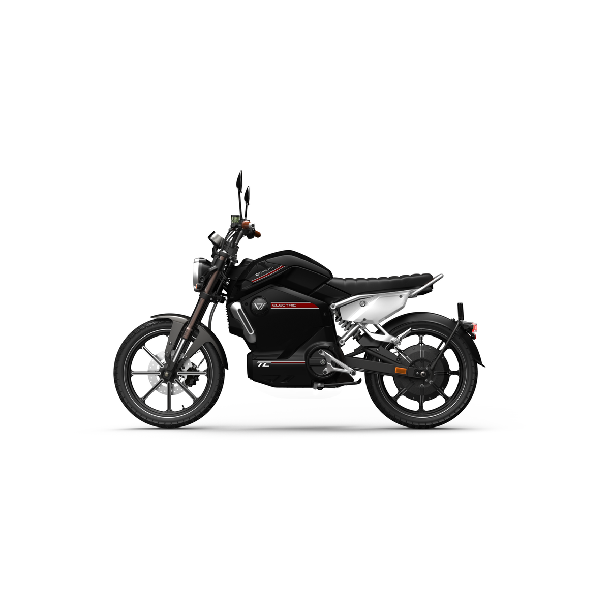 Ein schwarz-silberner VMOTO TC 72V Elektroroller im Café-Racer-Design wird im Profil auf weißem Hintergrund gezeigt. Er verfügt über Scheibenbremsen, einen runden Scheinwerfer und einen herausnehmbaren Akku zum einfachen Aufladen.